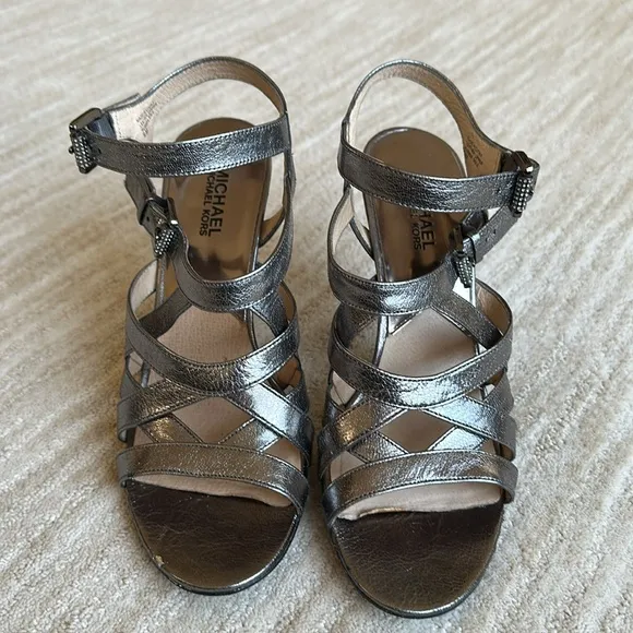 Michael Kors Metallic Strappy Heels Silver High Heel Shimmer Sandals Size 9