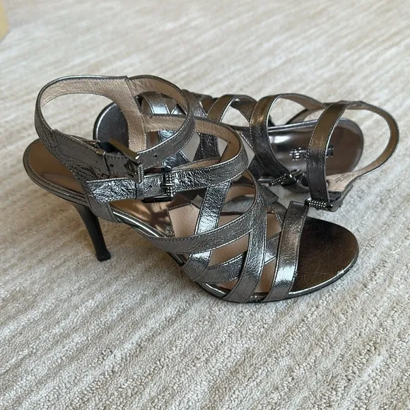 Michael Kors Metallic Strappy Heels Silver High Heel Shimmer Sandals Size 9