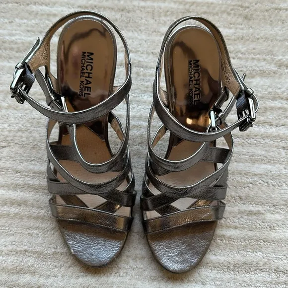 Michael Kors Metallic Strappy Heels Silver High Heel Shimmer Sandals Size 9