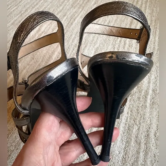 Michael Kors Metallic Strappy Heels Silver High Heel Shimmer Sandals Size 9