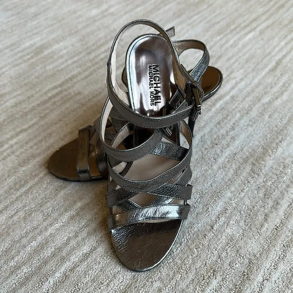Michael Kors Metallic Strappy Heels Silver High Heel Shimmer Sandals Size 9