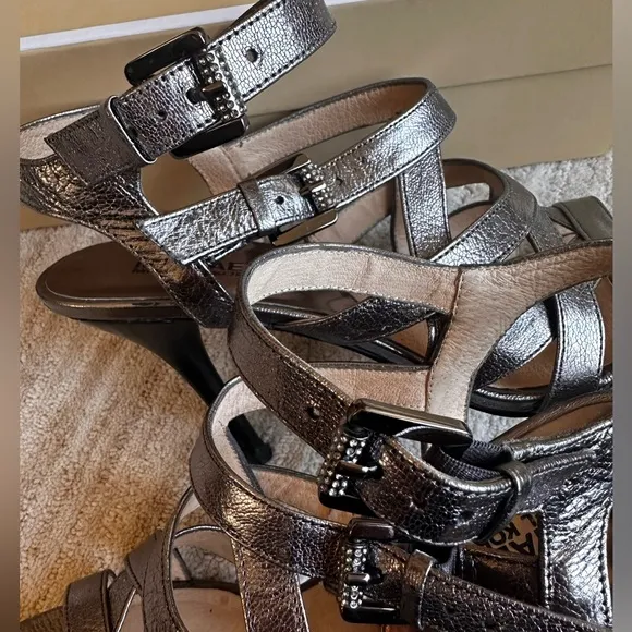 Michael Kors Metallic Strappy Heels Silver High Heel Shimmer Sandals Size 9