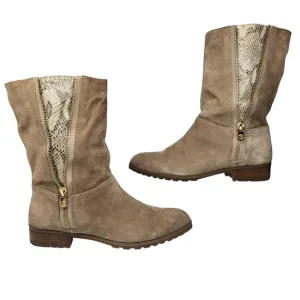 Michael Kors Shoes Womens 8 Boots Tan Suede Gold Mid Calf Snake Reptile Leather