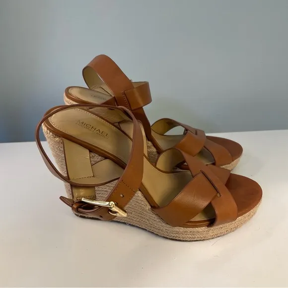 Michael Kors Tan Leatherr Espadrille Wedge Sandals Size 9