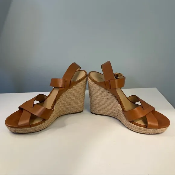 Michael Kors Tan Leatherr Espadrille Wedge Sandals Size 9
