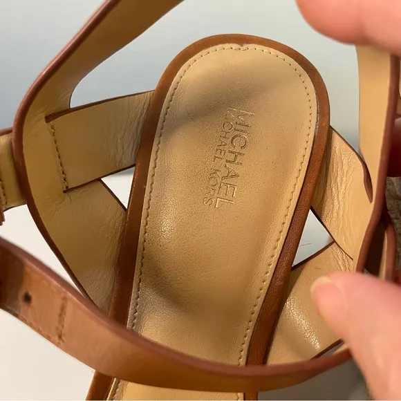 Michael Kors Tan Leatherr Espadrille Wedge Sandals Size 9