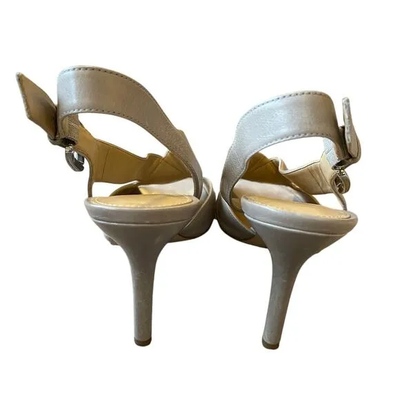 Michael Kors Woman's 9 Becky Leather Sandals Slingback Peeptoe Heels Oyster Gray