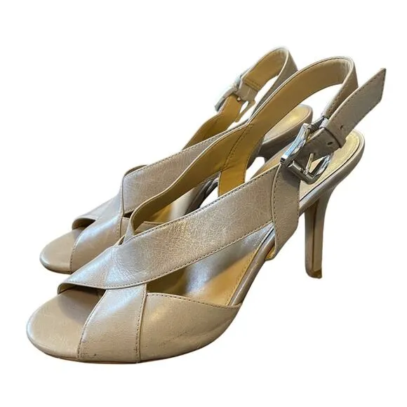 Michael Kors Woman's 9 Becky Leather Sandals Slingback Peeptoe Heels Oyster Gray