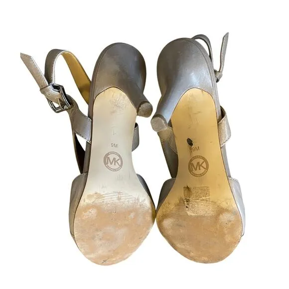 Michael Kors Woman's 9 Becky Leather Sandals Slingback Peeptoe Heels Oyster Gray