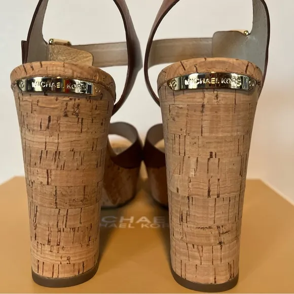 Michael Kors Women's Natalia Walnut Leather Heel Cork  Platform Sandals NEW