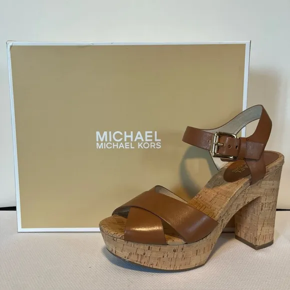 Michael Kors Women's Natalia Walnut Leather Heel Cork  Platform Sandals NEW
