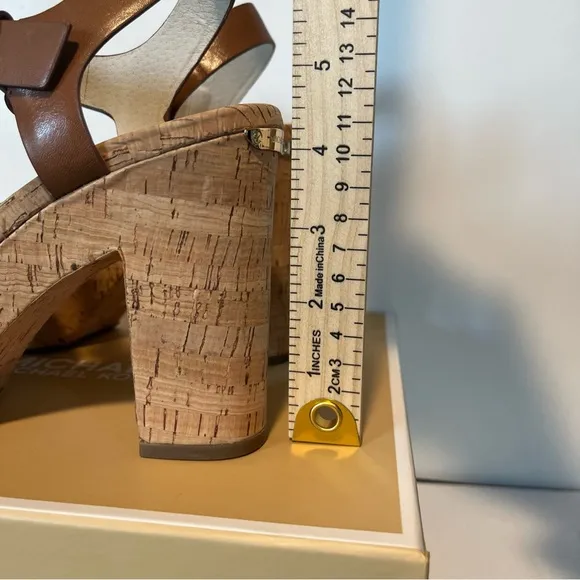 Michael Kors Women's Natalia Walnut Leather Heel Cork  Platform Sandals NEW