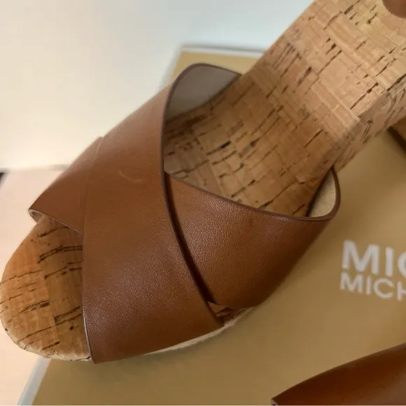 Michael Kors Women's Natalia Walnut Leather Heel Cork  Platform Sandals NEW