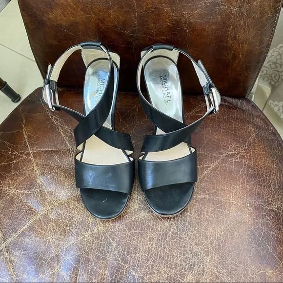 Michael Kors black leather mirror heels sandals 8