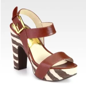 Michael Kors Ivana Mocha Zebra Animal Print Canvas Platform Sandals Heels 8.5
