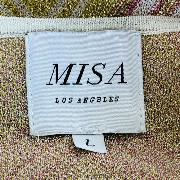 Misa Dali Metallic Dress Womens Large Chevron Midi Retro Disco Party Resort