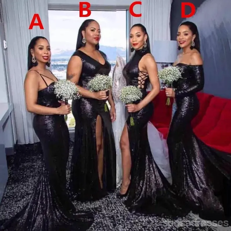 Mismathced Black Mermaid Sequin Cheap Long Bridesmaid Dresses Online,WG1220