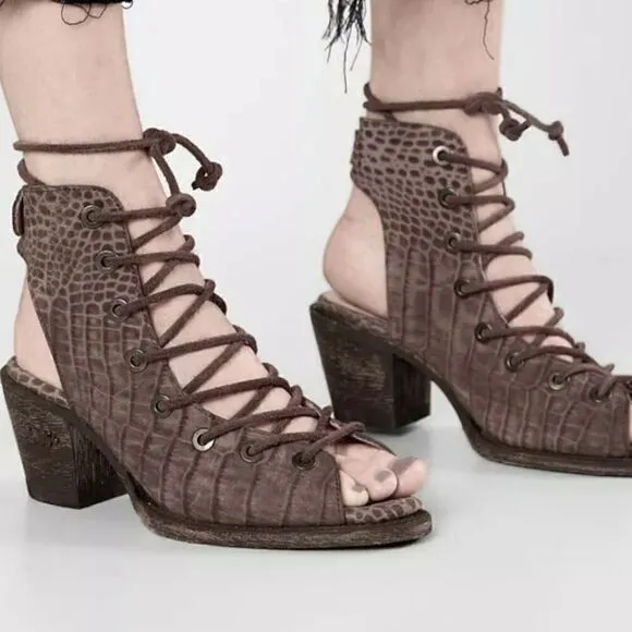 Miss Macie Taupe Goodness Gracious Leather Lace up Granny Bootie Sandals