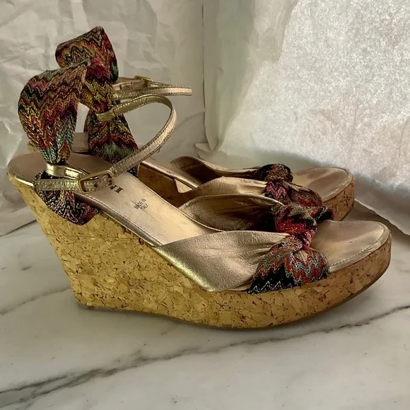 MISSONI Platform Cork Wedge Sandals Gold Leather &amp; Signature Fabric  Sz 38 EU
