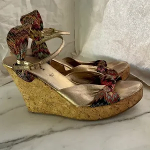 MISSONI Platform Cork Wedge Sandals Gold Leather &amp; Signature Fabric  Sz 38 EU
