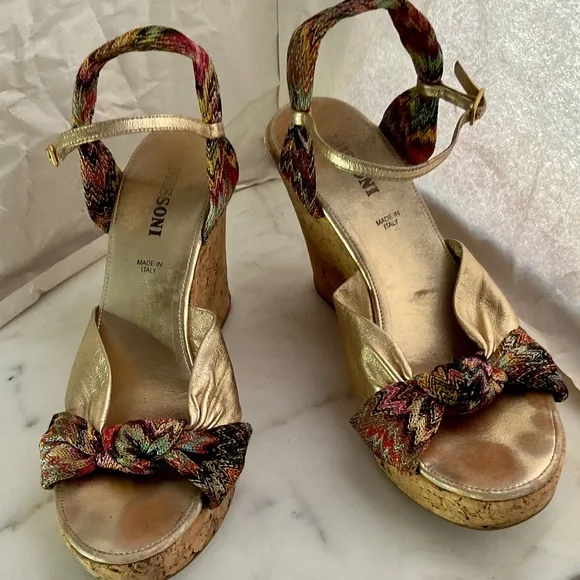 MISSONI Platform Cork Wedge Sandals Gold Leather &amp; Signature Fabric  Sz 38 EU