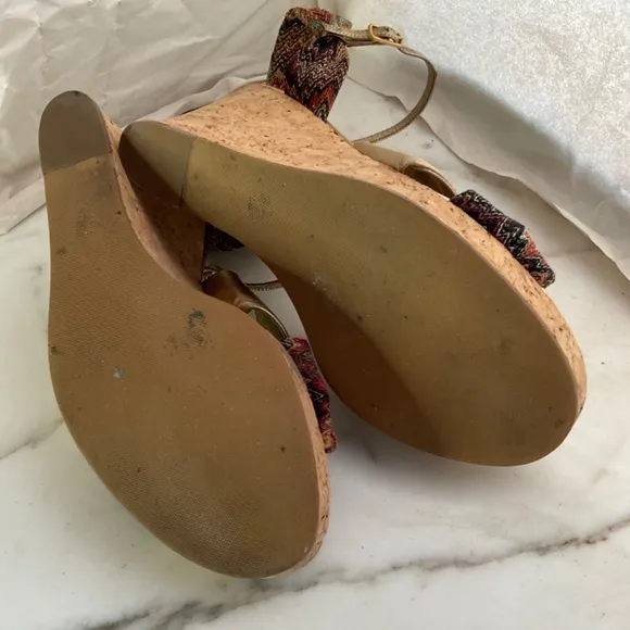 MISSONI Platform Cork Wedge Sandals Gold Leather &amp; Signature Fabric  Sz 38 EU