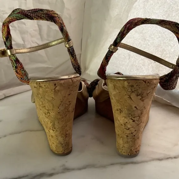 MISSONI Platform Cork Wedge Sandals Gold Leather &amp; Signature Fabric  Sz 38 EU