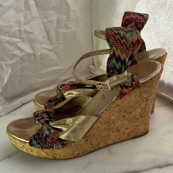 MISSONI Platform Cork Wedge Sandals Gold Leather &amp; Signature Fabric  Sz 38 EU
