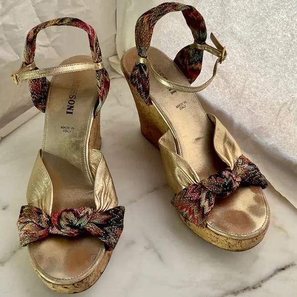 MISSONI Platform Cork Wedge Sandals Gold Leather &amp; Signature Fabric  Sz 38 EU