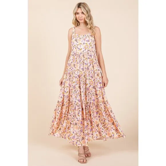 Mittoshop Flower Print Tiered Square Neck Sleeveless Empire Maxi Dress | Sherbet