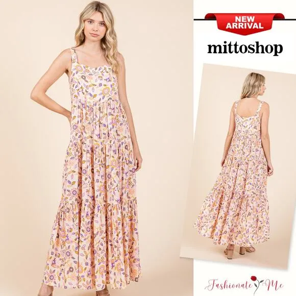 Mittoshop Flower Print Tiered Square Neck Sleeveless Empire Maxi Dress | Sherbet