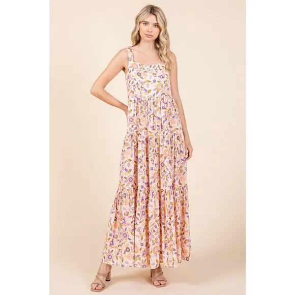 Mittoshop Flower Print Tiered Square Neck Sleeveless Empire Maxi Dress | Sherbet