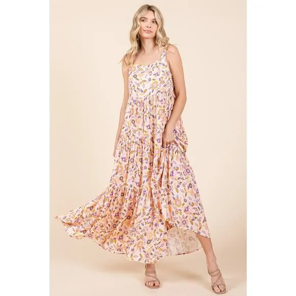 Mittoshop Flower Print Tiered Square Neck Sleeveless Empire Maxi Dress | Sherbet