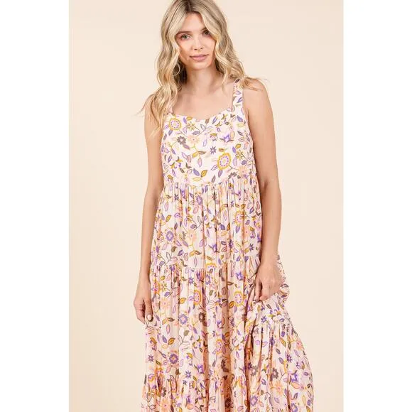 Mittoshop Flower Print Tiered Square Neck Sleeveless Empire Maxi Dress | Sherbet