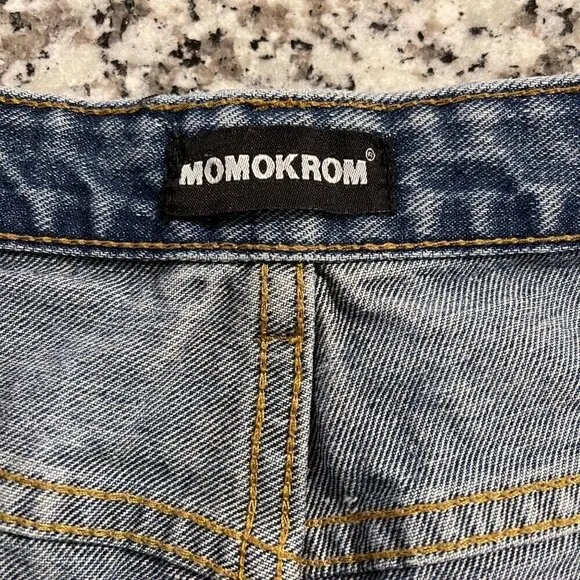 Momokrom Distressed Blue Denim Vintage High-Waisted Mom Jeans 10 Frayed Hem