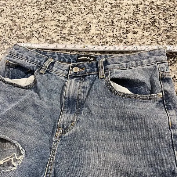 Momokrom Distressed Blue Denim Vintage High-Waisted Mom Jeans 10 Frayed Hem