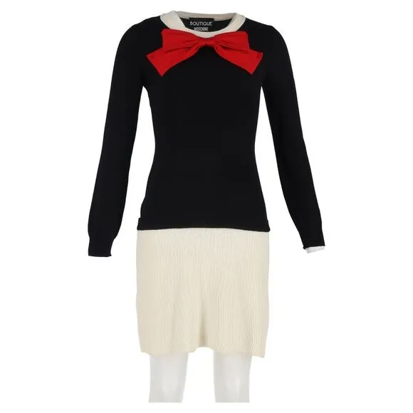 Moschino Boutique Bow Long Sleeve Mini Dress in Black Wool