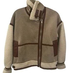 MYDR Suede Style Faux Lambswool Shearling Tan &amp; Brown Sherpa Aviator Coat Sz L