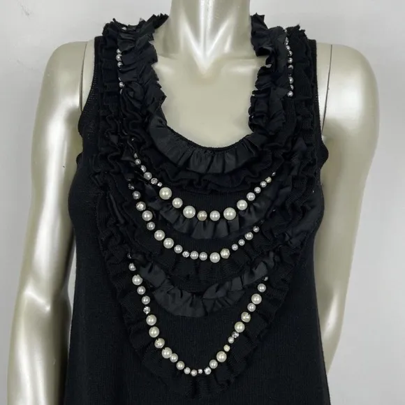 🤍Nanette Lepore Black Wool Pearl Front Sleeveless Sheath Sweater Dress 🖤