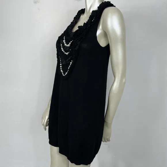 🤍Nanette Lepore Black Wool Pearl Front Sleeveless Sheath Sweater Dress 🖤