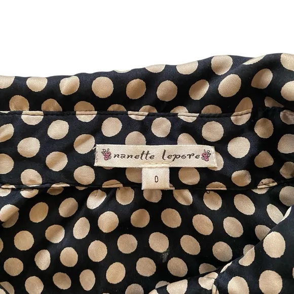 Nanette Lepore Silk Shirt Dress Size 0 Black‎ Cream Polka Dot Puff Sleeve Button
