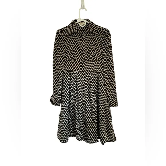 Nanette Lepore Silk Shirt Dress Size 0 Black‎ Cream Polka Dot Puff Sleeve Button