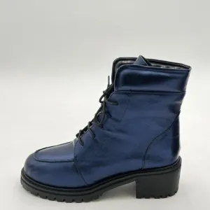 Navy Round Toe Lug Sole Combat Ankle Boots Trendy Lace Up Chunky Low Heel Bootie