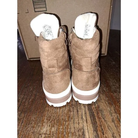 New 9 Brown Faux Suede Micro Suede Lace Up Side Zip Hiking Ankle Boots Booties