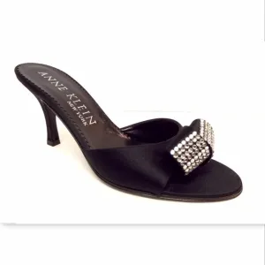 New ANNE KLEIN Crystal Embellished Knot Black Slide Heels Sandals from Italy 6.5