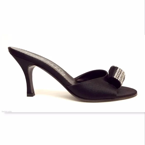 New ANNE KLEIN Crystal Embellished Knot Black Slide Heels Sandals from Italy 6.5