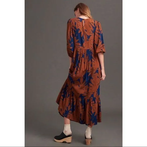 NEW Anthropologie Porridge Kiera Brown Floral Puff Sleeved Maxi Dress Medium