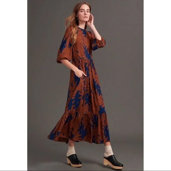 NEW Anthropologie Porridge Kiera Brown Floral Puff Sleeved Maxi Dress Medium