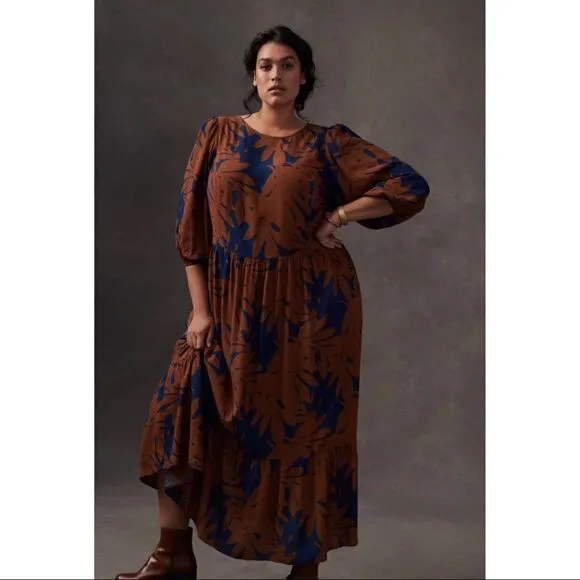NEW Anthropologie Porridge Kiera Brown Floral Puff Sleeved Maxi Dress Medium