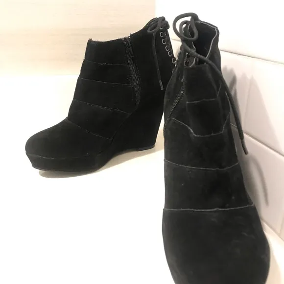 NEW Black Leather Corset Lace-Up Real Suede Goth Ankle Booties: Wedges size 8